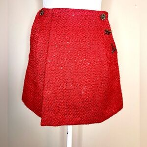 Red Tweed Sequin Skort w/ Button Details & Pockets – Size Small